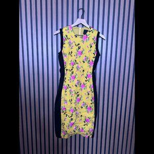 Nicole Miller Dress 6 / S Womens Yellow Sheath Floral Stretch Sleeveless Knee